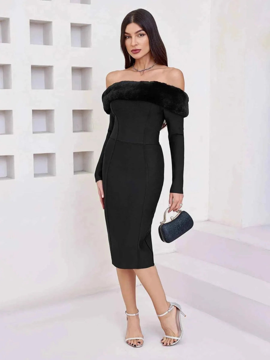 Off-shoulder bodycon dress with faux fur – Elegant black midi dress for evening, parties & festive occasions – Cecile Lavelle