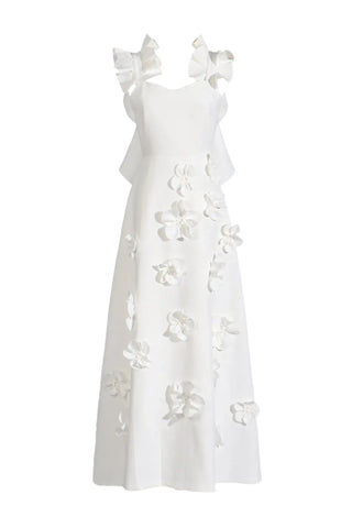 Elina – Weißes Maxikleid mit 3D-Blumen und Volantärmeln - Cecile Lavelle