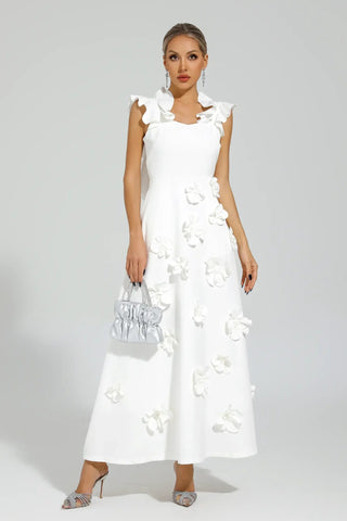 Elina – Weißes Maxikleid mit 3D-Blumen und Volantärmeln - Cecile Lavelle