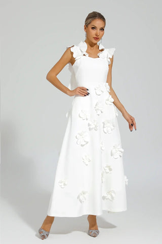 Elina – Weißes Maxikleid mit 3D-Blumen und Volantärmeln - Cecile Lavelle