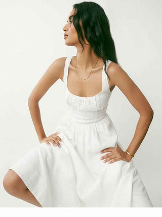 Lorena – Ärmelloses Midikleid mit gerafftem Bustier und ausgestelltem Rock aus Leinenmischung