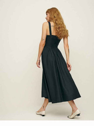 Lorena – Ärmelloses Midikleid mit gerafftem Bustier und ausgestelltem Rock aus Leinenmischung