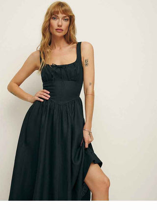 Lorena – Ärmelloses Midikleid mit gerafftem Bustier und ausgestelltem Rock aus Leinenmischung