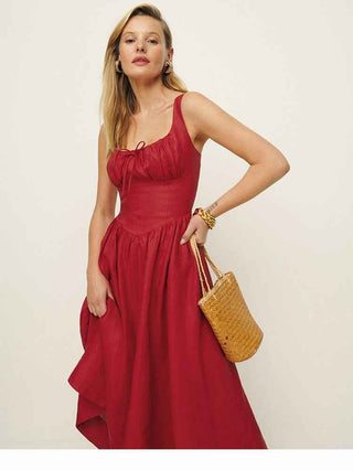 Lorena – Ärmelloses Midikleid mit gerafftem Bustier und ausgestelltem Rock aus Leinenmischung
