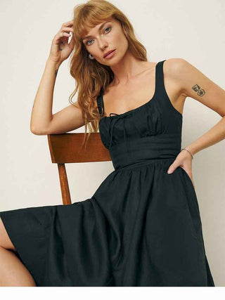 Lorena – Ärmelloses Midikleid mit gerafftem Bustier und ausgestelltem Rock aus Leinenmischung