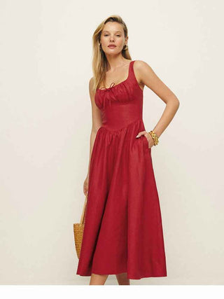 Lorena – Ärmelloses Midikleid mit gerafftem Bustier und ausgestelltem Rock aus Leinenmischung