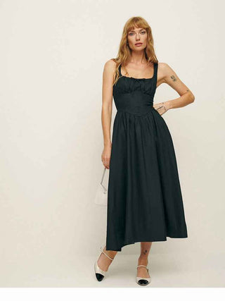 Lorena – Ärmelloses Midikleid mit gerafftem Bustier und ausgestelltem Rock aus Leinenmischung