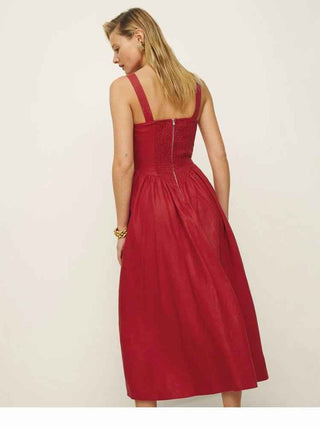 Lorena – Ärmelloses Midikleid mit gerafftem Bustier und ausgestelltem Rock aus Leinenmischung