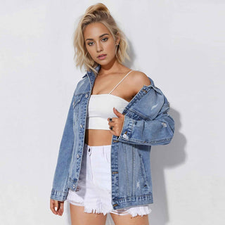 Leonie – oversized jeansjacke mit used-details und brusttaschen