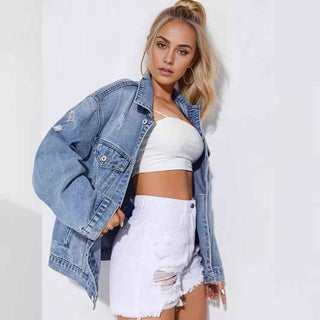 Leonie – oversized jeansjacke mit used-details und brusttaschen