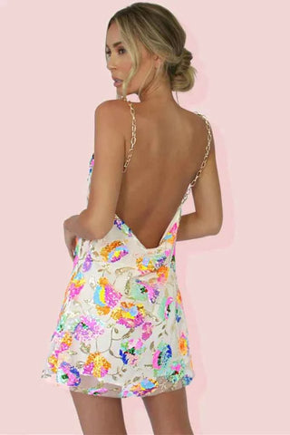 noemi – pailletten minikleid mit ketten-trägern und blumenmuster