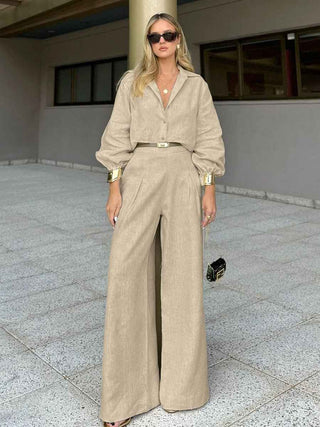 maya – leinen-zweiteiler mit oversize-hemd und weiter high-waist-hose