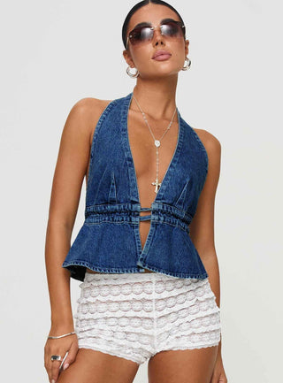 Luna – Rückenfreies Denim-Top mit tiefem V-Ausschnitt und Taillenbindung