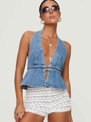 Luna – Rückenfreies Denim-Top mit tiefem V-Ausschnitt und Taillenbindung