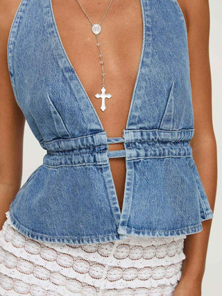 Luna – Rückenfreies Denim-Top mit tiefem V-Ausschnitt und Taillenbindung
