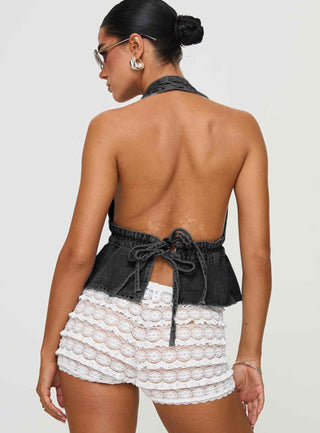 Luna – Rückenfreies Denim-Top mit tiefem V-Ausschnitt und Taillenbindung