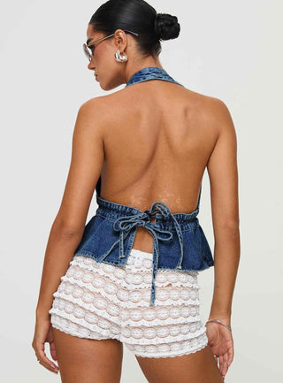 Luna – Rückenfreies Denim-Top mit tiefem V-Ausschnitt und Taillenbindung