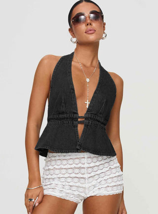 Luna – Rückenfreies Denim-Top mit tiefem V-Ausschnitt und Taillenbindung