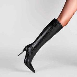 Eleonora – Handgemachte Damen-Stiefel aus echtem Leder mit Kroko-Prägung und Stiletto-Absatz