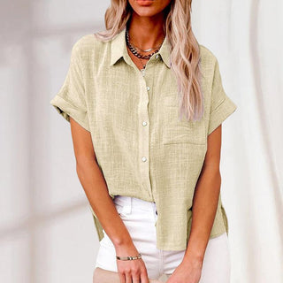 Damen Kurzarm Bluse locker mit Knöpfen-Cecile Lavelle-Beige-S-Cecile Lavelle