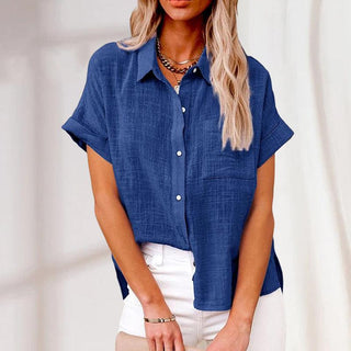 Damen Kurzarm Bluse locker mit Knöpfen-Cecile Lavelle-Blau-S-Cecile Lavelle