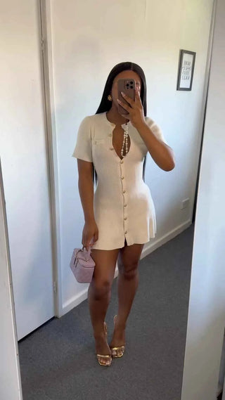Ribbed Button-Front Mini-Kleid