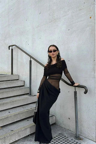 Cut-Out Mesh Maxi-Kleid