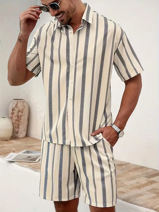 Herren Gestreiftes Zweiteiler Set mit Shorts-Zomer kledingsets-Cecile Lavelle-Beige-S-Cecile Lavelle