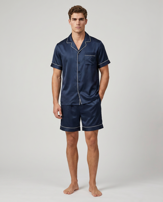 Herren Schlafanzug kurz gemustert mit Hemd und Shorts-Cecile Lavelle-Dunkelblau-M-Cecile Lavelle
