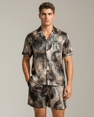 Herren Schlafanzug kurz gemustert mit Hemd und Shorts-Cecile Lavelle-Graue Tinte-M-Cecile Lavelle
