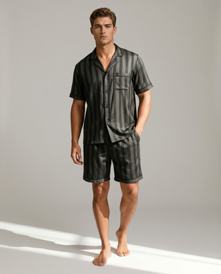 Herren Schlafanzug kurz gemustert mit Hemd und Shorts-Cecile Lavelle-Schwarze Streifen-M-Cecile Lavelle