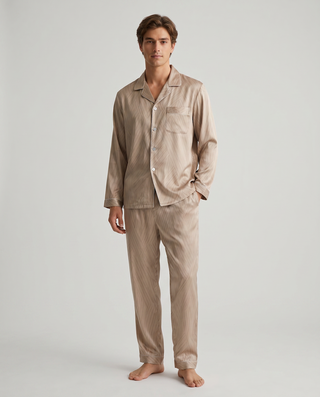 Herren Schlafanzug lang gemustert mit Hemd und Hose-Cecile Lavelle-Beige-M-Cecile Lavelle