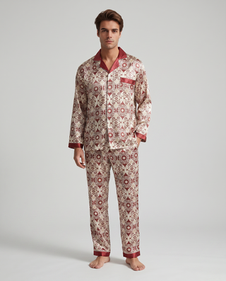 Herren Schlafanzug lang gemustert mit Hemd und Hose-Cecile Lavelle-Rot-M-Cecile Lavelle