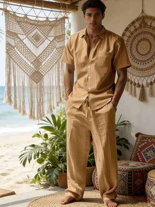 Herren Zweiteiler Set mit Hemd und Hose-Zomer kledingsets-Cecile Lavelle-Khaki-S-Cecile Lavelle
