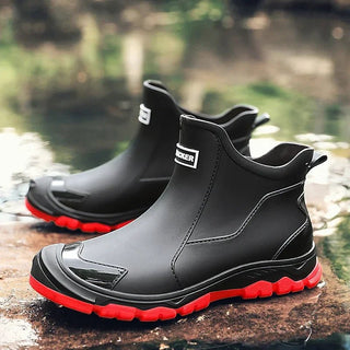 Regenstiefel Herren Kurz mit Profilsohlet in Schwarz/Rot