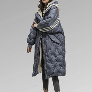Steppmantel Damen Lang Oversized mit Kapuzein Grau