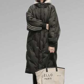 Steppmantel Damen Lang Oversized mit Kapuzein Schwarz
