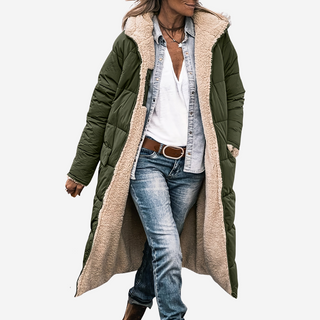 Steppmantel Damen Lang mit Teddyfutter und Kapuze