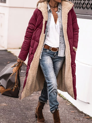 Steppmantel Damen Lang mit Teddyfutter und Kapuze in Rot