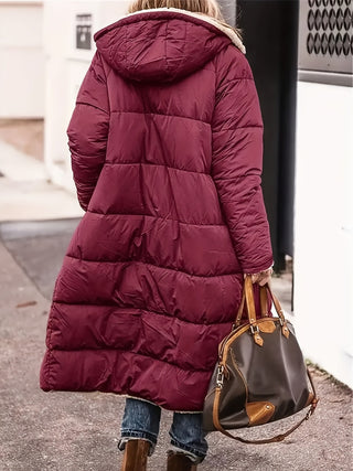 Steppmantel Damen Lang mit Teddyfutter und Kapuze