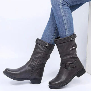 Stiefel Damen im Bikerstil mit Schnallen in Grau