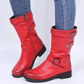 Stiefel Damen im Bikerstil mit Schnallen in Rot