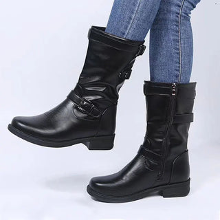 Stiefel Damen im Bikerstil mit Schnallen in Schwarz