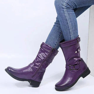 Stiefel Damen im Bikerstil mit Schnallenin Violett