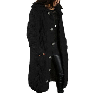 Strickmantel Damen Lang mit Kapuze in Schwarz