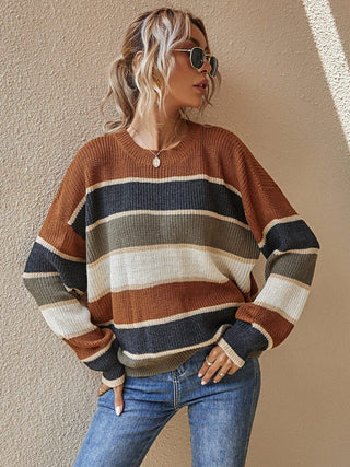 Strickpullover Damen Oversized Gestreift in Braun