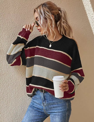 Strickpullover Damen Oversized Gestreift in Schwarz