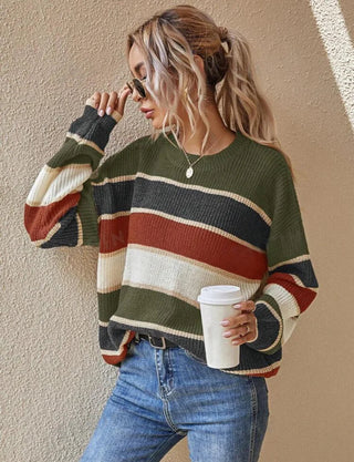 Strickpullover Damen Oversized Gestreift in Grün