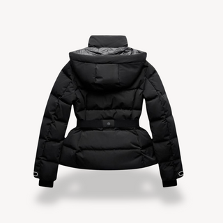 Winterjacke Damen Schwarz Puffer mit Gürtel und Kapuze