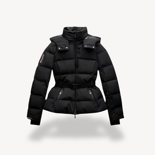 Winterjacke Damen Schwarz Puffer mit Gürtel und Kapuze